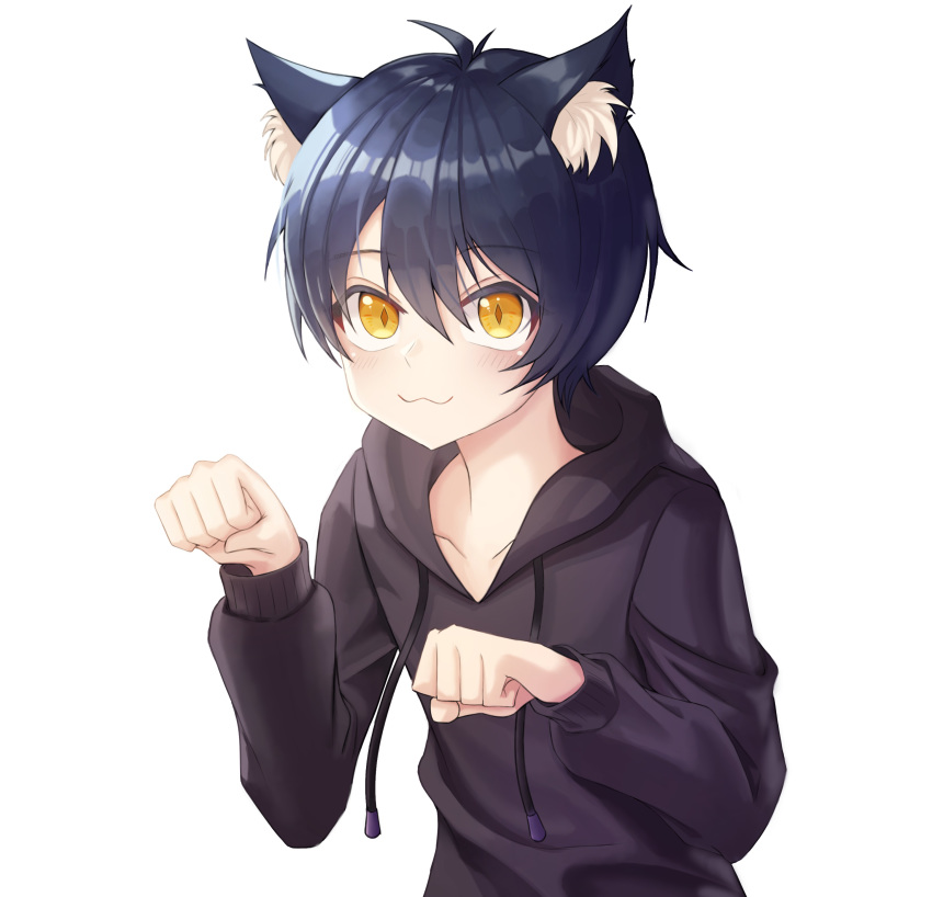 1boy, :3, absurdres, animal_ear_fluff, animal_ears, bad_id, bad_pixiv_id, black_hair, black_hoodie, blush, cat_ears, clenched_hands, concon01, hair_between_eyes, highres, hood, hood_down, hoodie, long_sleeves, male_focus, original, paw_pose, simple_background, solo, upper_body, white_background, yellow_eyes