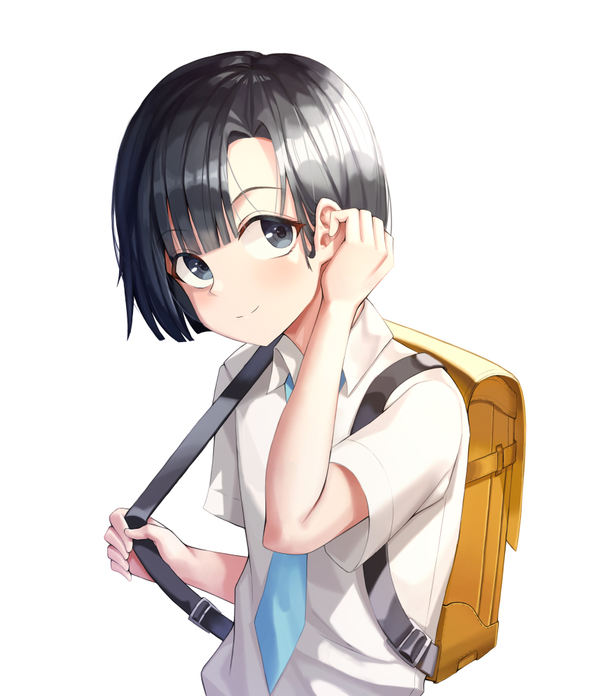 1boy, absurdres, amano_nagi, backpack, bad_id, bad_pixiv_id, bag, bishounen, black_hair, blue_neckwear, concon01, grey_eyes, hand_up, highres, looking_at_viewer, male_focus, one_eye_closed, parted_bangs, randoseru, school_uniform, shirt, short_sleeves, simple_background, smile, solo, standing, tenki_no_ko, upper_body, white_background, white_shirt