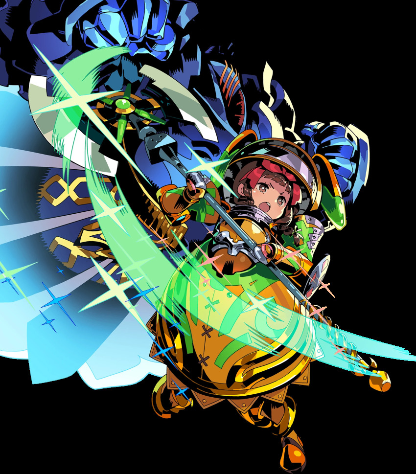 1girl, armor, armored_boots, axe, boots, bow, braid, brown_eyes, draug_(gir#fe), fire_emblem, fire_emblem_heroes, full_body, gloves, helmet, highres, himukai_yuuji, long_hair, minamoto_mamori, nintendo, official_art, open_mouth, sparkle, teeth, tokyo_mirage_sessions_fe, transparent_background, twin_braids