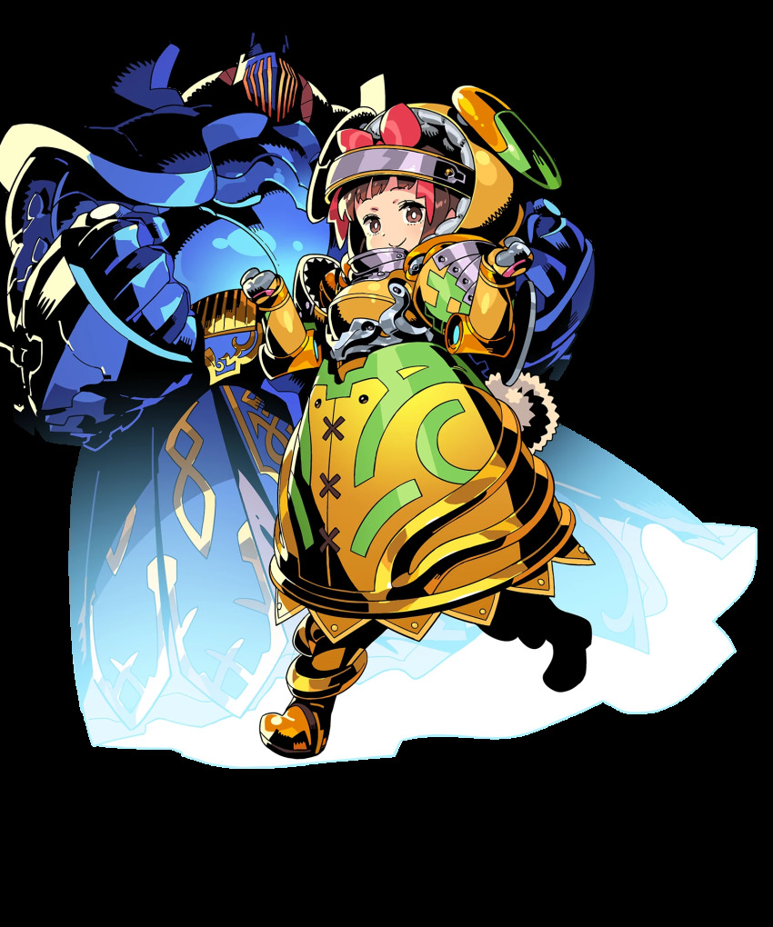 1girl, armor, armored_boots, axe, boots, bow, braid, brown_eyes, draug_(gir#fe), fire_emblem, fire_emblem_heroes, full_body, gloves, helmet, highres, himukai_yuuji, long_hair, minamoto_mamori, nintendo, official_art, tokyo_mirage_sessions_fe, transparent_background, twin_braids