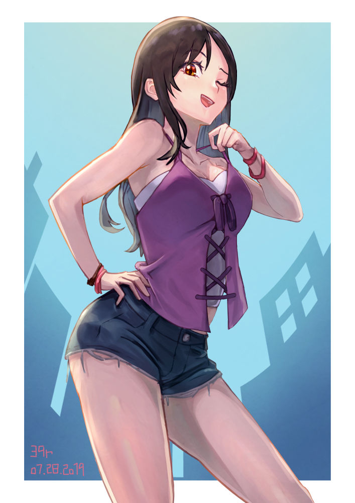1girl, ;d, black_hair, blue_background, breasts, brown_eyes, brown_hair, contrapposto
