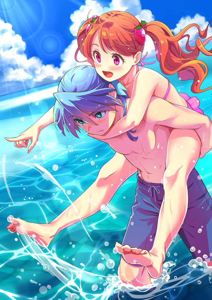 1boy, 1girl, :d, bare_legs, barefoot, bikini, blue_eyes, blue_hair