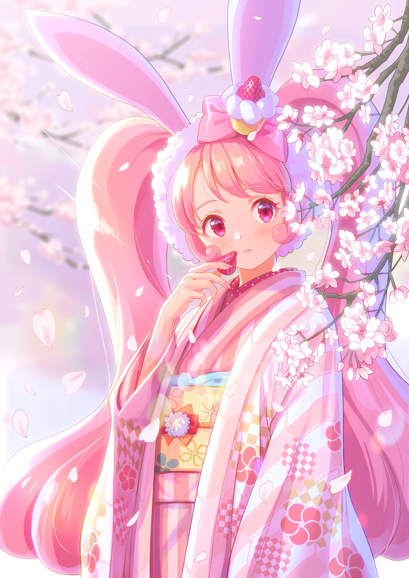 1girl, alternate_costume, animal_ears, bow, cake_hair_ornament, camembert_chizuko, cherry_blossoms, closed_mouth, cowboy_shot, cure_whip, cure_whip_(a_la_mode_style), earmuffs, expressionless, female_focus, floral_print, food, food-themed_hair_ornament, fruit, hair_bow, hair_ornament, holding, holding_food, holding_fruit, japanese_clothes, kimono, kirakira_precure_a_la_mode, long_hair, looking_at_viewer, obi, pink_bow, pink_eyes, pink_hair, pink_kimono, pink_theme, precure, rabbit_ears, sash, solo, strawberry, twintails, usami_ichika, yukata