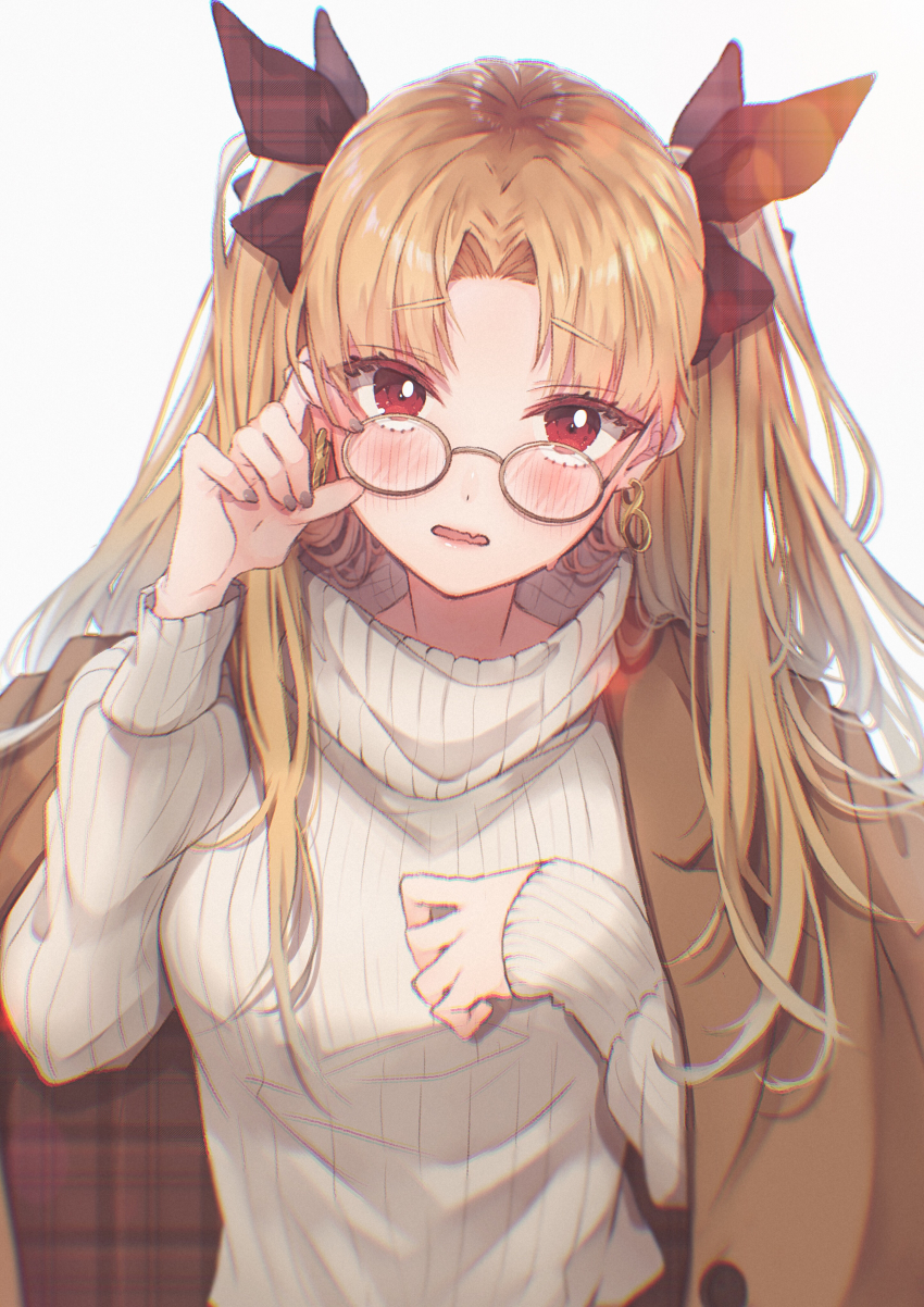 1girl, absurdres, black_bow, blonde_hair, blurry, blush, bow, brown_coat