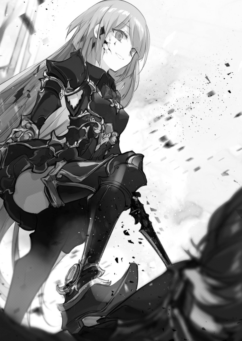 1boy, 1girl, armor, armored_boots, armored_dress, armpits, blood, blood_in_hair, boots, bow, bowtie, cierra_(ra-bit), collared_shirt, detached_sleeves, dress, greyscale, grin, highres, holding, holding_sword, holding_weapon, long_hair, monochrome, novel_illustration, official_art, olivia_valedstorm, pauldrons, shinigami_ni_sodaterareta_shoujo_wa_shikkoku_no_ken_wo_mune_ni_idaku, shirt, short_dress, shoulder_armor, sleeveless, sleeveless_dress, smile, solo_focus, standing, stepped_on, swept_bangs, sword, thigh_boots, thighhighs, very_long_hair, weapon, wing_collar
