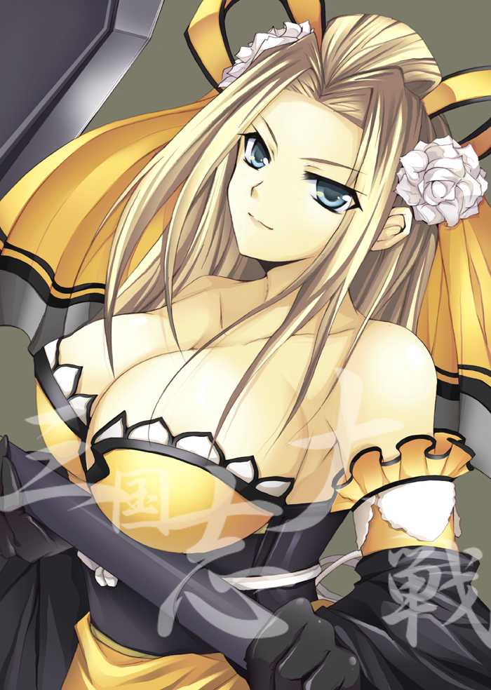 1girl, bad_id, bad_pixiv_id, bare_shoulders, blonde_hair, blue_eyes, breasts, cleavage