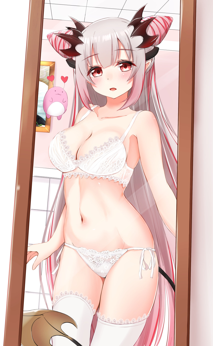 1girl, absurdres, bare_shoulders, bra, breasts, cleavage, collarbone, commentary_request, cone_hair_bun, cowboy_shot, creature, demon_tail, ex_idol, grey_hair, groin, hair_bun, hair_ornament, highres, kanikama_(suou_patra), lingerie, long_hair, looking_at_viewer, medium_breasts, multicolored_hair, nanashi_inc., navel, panties, parted_lips, pointy_ears, red_eyes, side-tie_panties, stomach, streaked_hair, suou_patra, tail, thighhighs, underwear, underwear_only, very_long_hair, virtual_youtuber, white_bra, white_panties, white_thighhighs