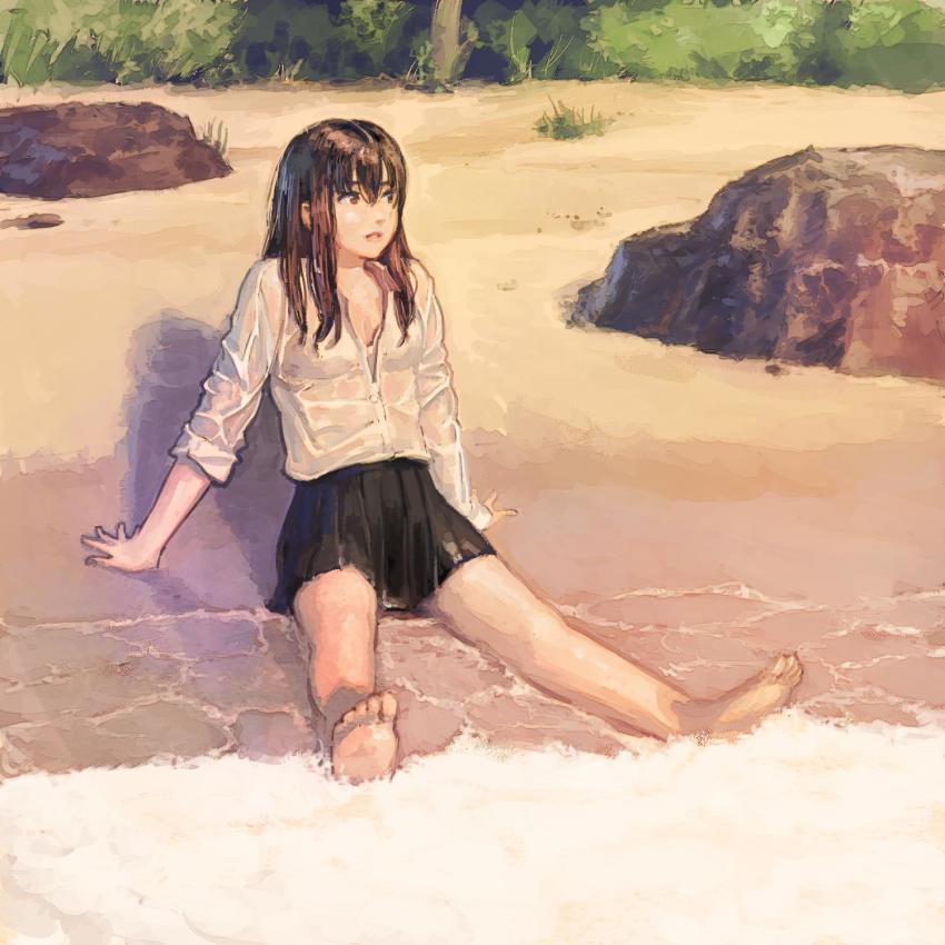 1girl, bare_legs, barefoot, beach, black_hair, black_skirt, brown_eyes, female_focus