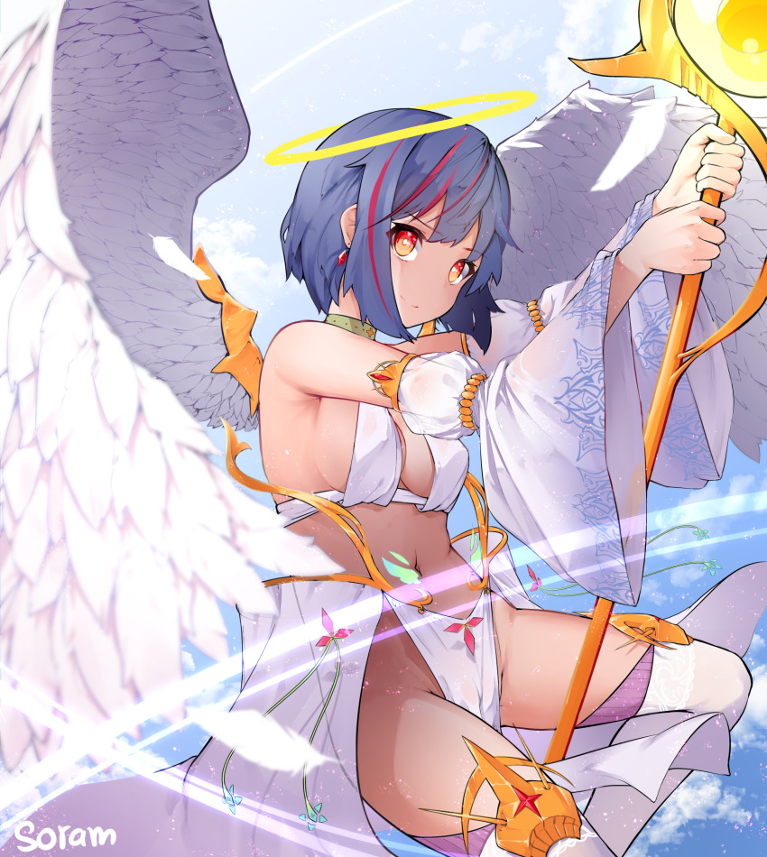 1girl, angel, angel_wings, artist_name, bare_shoulders, black_hair, breasts, commentary