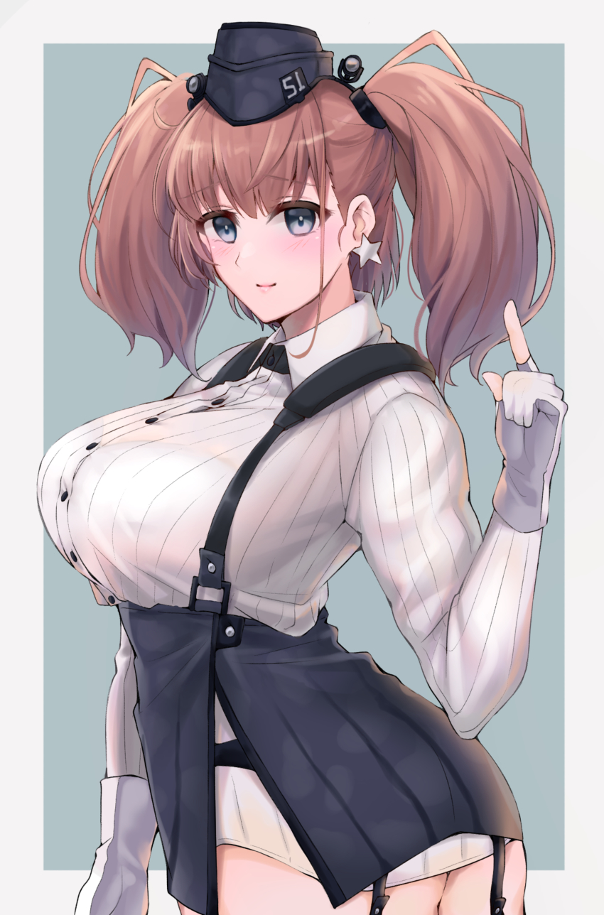 1girl, absurdres, atlanta_(kancolle), ayuko91, black_hat, black_skirt, blush, breasts, brown_hair, dress_shirt, earrings, female_focus, garrison_cap, garter_straps, gloves, grey_eyes, hat, high-waist_skirt, highres, huge_breasts, jewelry, kantai_collection, large_breasts, long_hair, long_sleeves, partially_fingerless_gloves, shirt, skirt, solo, star_(symbol), star_earrings, suspender_skirt, suspenders, two-tone_background, two_side_up, white_shirt