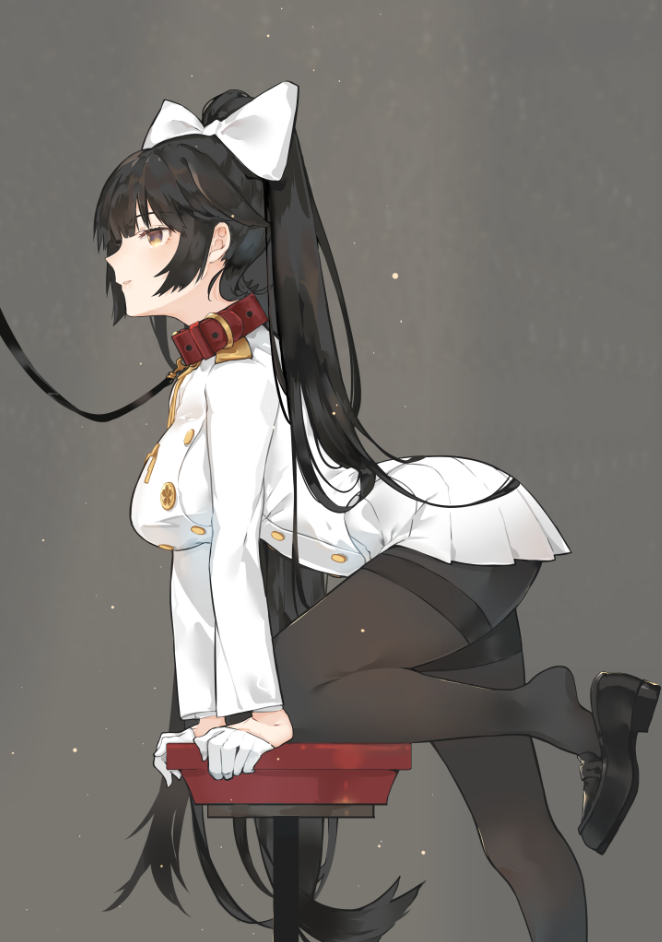 1girl, arm_support, azur_lane, bdsm, black_hair, black_pantyhose, black_shoes, bow
