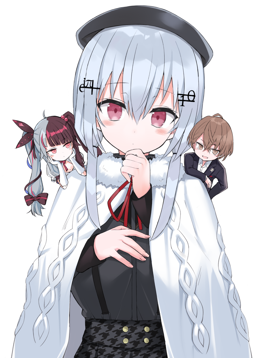 1boy, 2girls, arm_support, beret, black_headwear, black_jacket, black_shirt, black_skirt