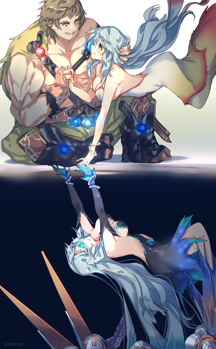 1boy, 1girl, artemis_(fate), artemis_(machine_god)_(fate), artemis_(terminal)_(fate), blue-tinted_eyewear, breasts, brown_hair, carimarica, cleavage, couple, different_reflection, dress, fate/grand_order, fate_(series), hetero, highres, holding_hands, long_hair, pelt, reflection, short_hair, smile, super_orion_(fate), tinted_eyewear, topless_male, visor, wavy_hair, white_hair