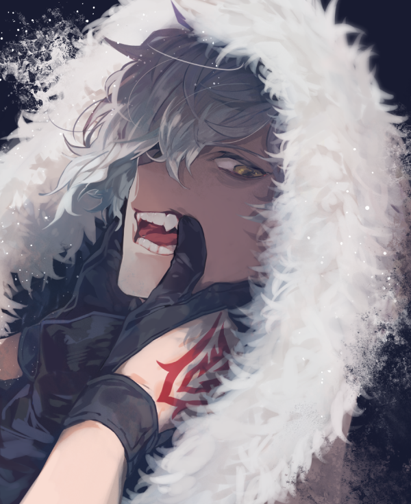 1boy, close-up, command_spell, fangs, fangs_out, finger_to_cheek, fingerless_gloves, fur_trim
