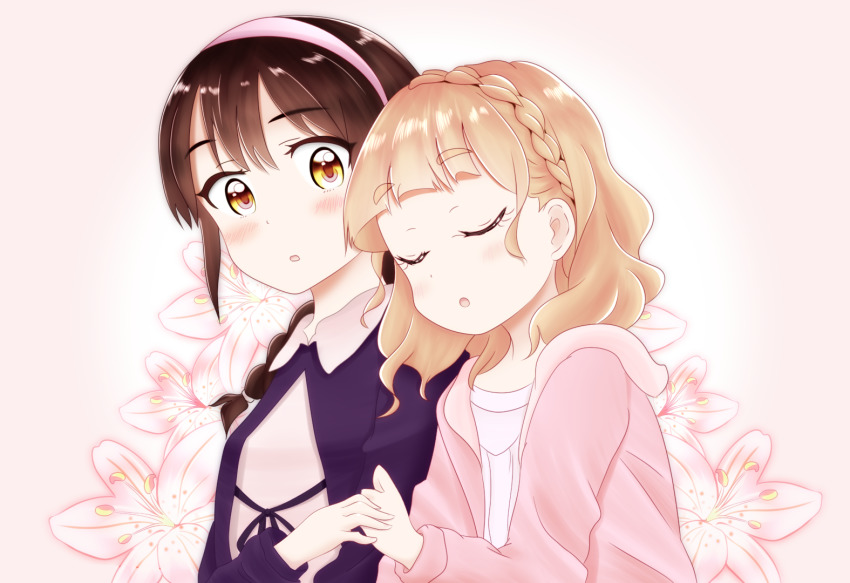 2girls, blonde_hair, blush, braid, brown_eyes, brown_hair, closed_eyes, commentary_request