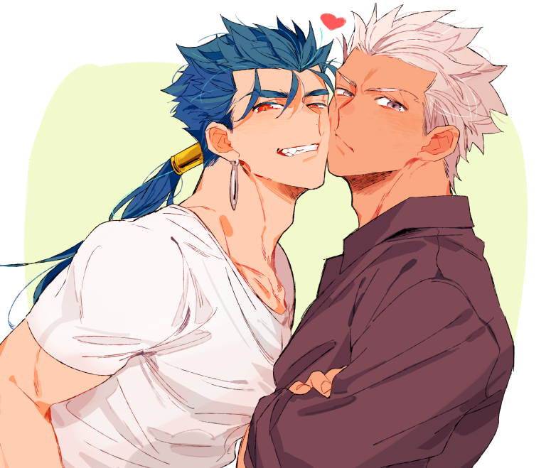 2boys, archer_(casual_wear)_(fate), archer_(fate), blue_hair, casual, cheek-to-cheek, cheek_press, crossed_arms