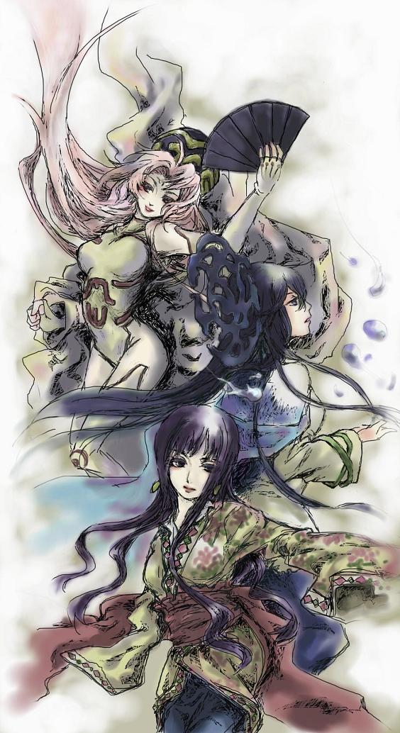 1990s_(style), 3girls, black_hair, hand_fan, houshin_engi, kashi_(houshin_engi), koyubi, koyubi_(mamama64), leotard, long_hair, multiple_girls, pink_hair, ryuukitsu_koushu, so_dakki