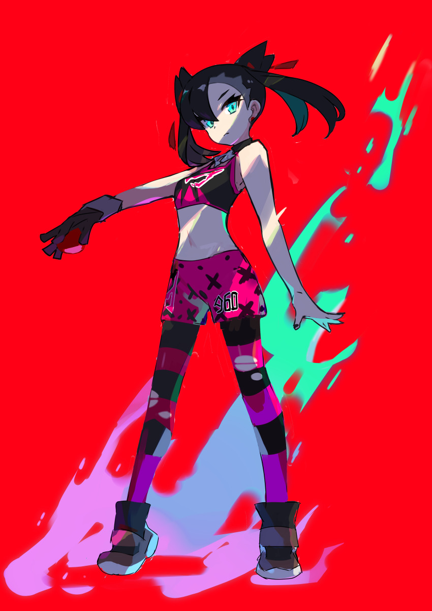 1girl, absurdres, aqua_eyes, asymmetrical_bangs, asymmetrical_hair, bad_id, bad_pixiv_id, black_choker, black_gloves, black_nails, black_shirt, black_shoes, choker, closed_mouth, commentary, crop_top, earrings, female_focus, frown, full_body, gloves, hair_ribbon, highres, holding, holding_poke_ball, jewelry, kurumitsu, looking_at_viewer, marnie_(pokemon), midriff, nail_polish, navel, nintendo, pantyhose, pendant, pink_pantyhose, pink_shirt, pink_shorts, poke_ball, poke_ball_(basic), pokemon, pokemon_sword_and_shield, print_shorts, red_background, red_ribbon, ribbon, shirt, shoes, short_shorts, shorts, single_glove, sleeveless, sleeveless_shirt, solo, standing, striped_clothes, striped_pantyhose, team_yell, torn_clothes, torn_pantyhose, twintails, undercut