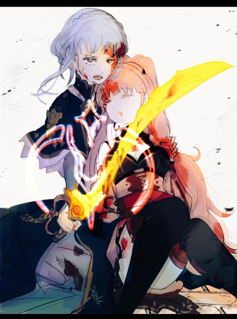 2girls, artist_name, blood, blue_hair, blutgang_(fire_emblem), blutgang_(weapon), braid, breasts