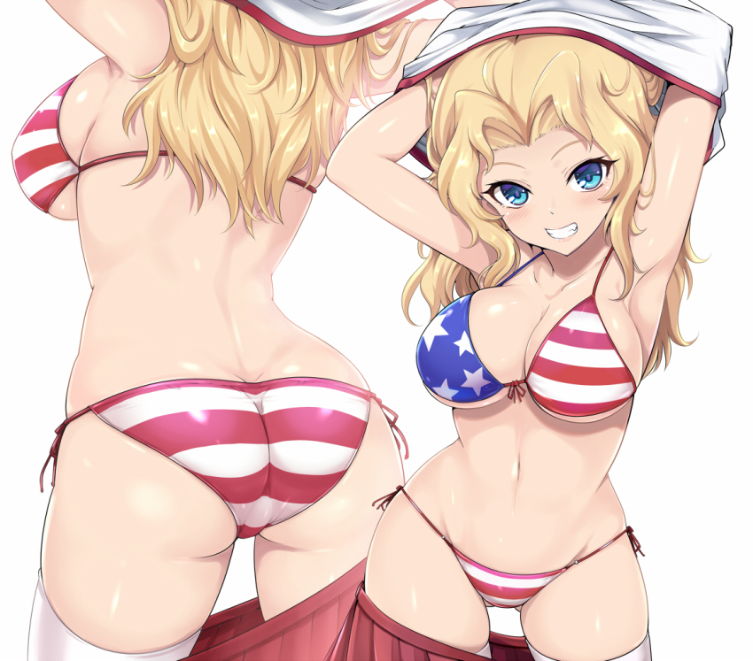 1girl, american_flag, american_flag_bikini, american_flag_print, arms_up, ass, back, bikini