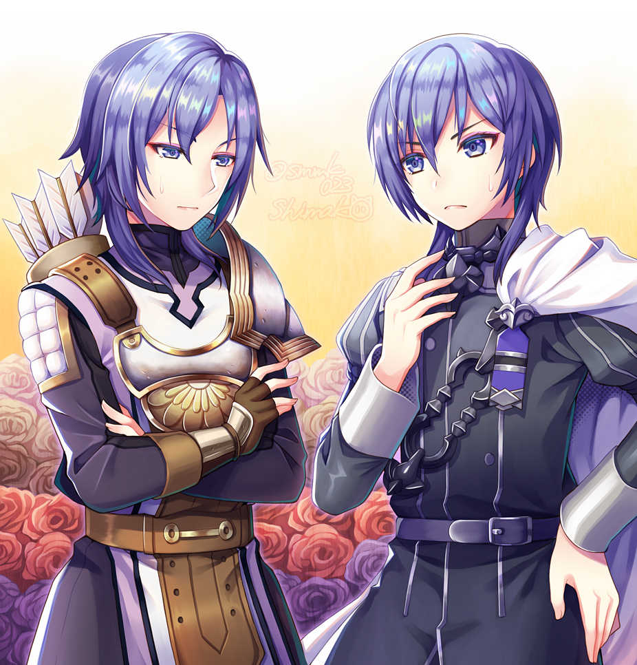 2boys, armor, arrow_(projectile), cape, confused, epaulettes, fingerless_gloves, fire_emblem