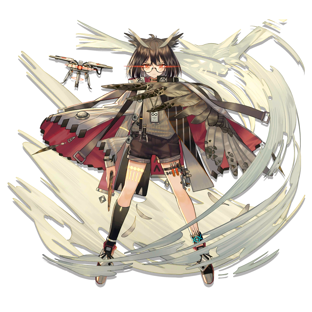 1girl, angry, anklet, arknights, bird, black_socks, bob_cut, brown_hair, cape, choker, cloak, drone, elite_ii_(arknights), facing_viewer, feather_hair, feathered_wings, feathers, female_focus, frown, full_body, glasses, glowing, glowing_eyes, high_collar, id_card, jewelry, kneehighs, lanyard, legs_apart, norizc, official_art, owl, red_cape, shorts, silence_(arknights), silence_(elite_ii)_(arknights), single_kneehigh, single_sock, single_wing, socks, solo, standing, sweater, transparent_background, vial, wind, wind_lift, wings