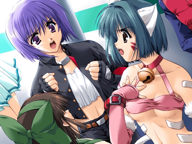 3girls, animal_ears, bell, neck_bell, bow, breasts, cat_ears, collar, comic_party, cosplay, facial_mark, game_cg, haga_reiko, hoshino_miho, mitsumi_misato, multiple_girls, small_breasts, tsukishiro_yuka, underboob, whisker_markings