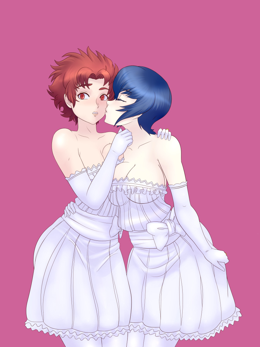 2girls, absurdres, alternate_hair_color, bare_shoulders, blue_hair, blush, breasts, bride