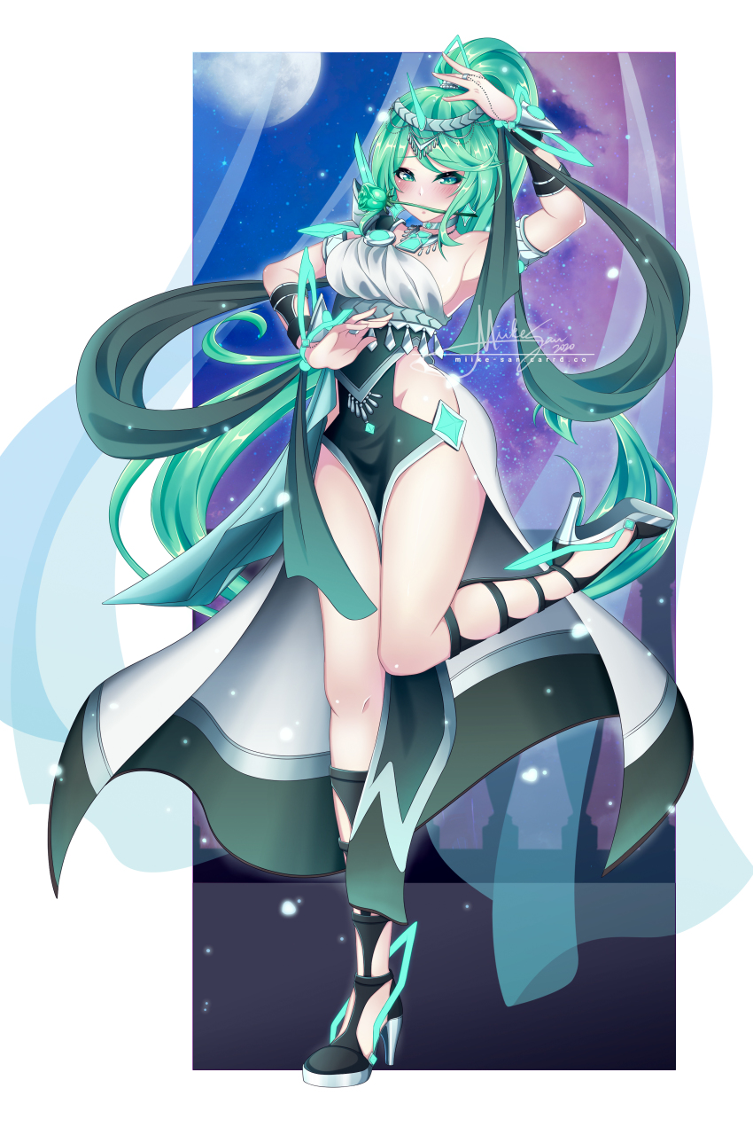 1girl, absurdly_long_hair, absurdres, aqua_flower, aqua_rose, arm_above_head, armpits, bare_legs