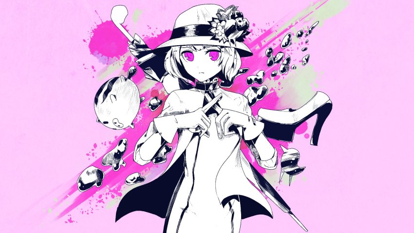 1girl, artist_request, closed_mouth, commentary_request, commission, cowboy_shot, crossed_fingers, dress