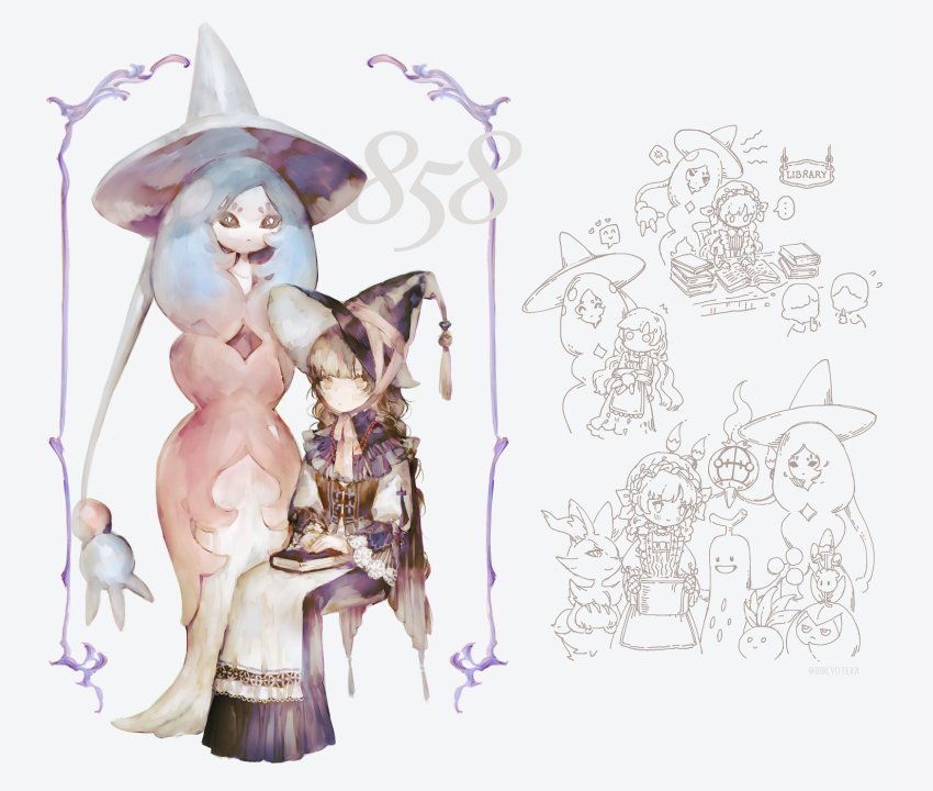 ..., 1girl, apron, black_dress, book, book_stack, braid, braixen