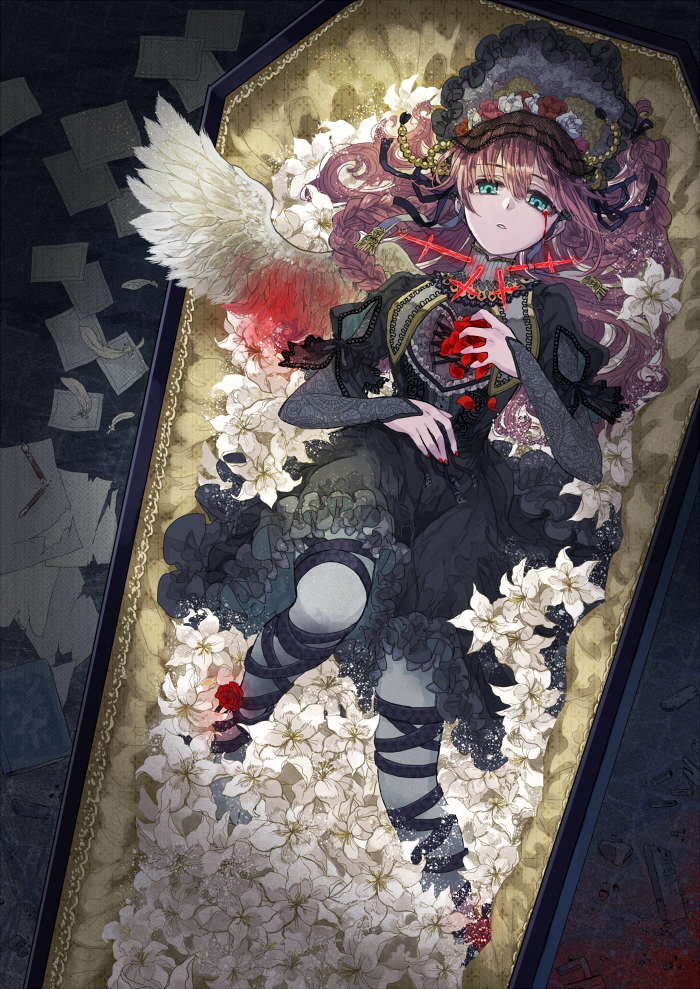 1girl, angel, angel_wings, black_ribbon, bleeding, blood, blue_eyes, broken_pencil