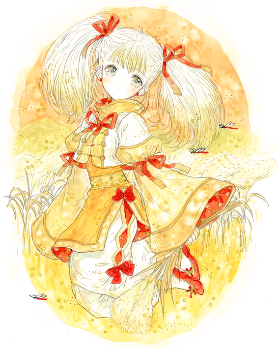 1girl, blonde_hair, bow, bug, dragonfly, earrings, gradient_hair, hair_bow