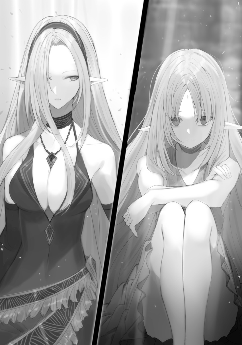 2girls, beatrix_(kagejitsu), blurry, blurry_background, breasts, choker, cleavage, closed_mouth, collarbone, crossed_arms, dress, elbow_gloves, evening_gown, frown, gloves, greyscale, hair_over_one_eye, hairband, highres, jewelry, kage_no_jitsuryokusha_ni_naritakute!, large_breasts, light_particles, long_hair, medium_breasts, miniskirt, monochrome, multiple_girls, necklace, novel_illustration, official_art, olivier_(kagejitsu), parted_bangs, pointy_ears, skirt, sleeveless, sleeveless_dress, split_screen, standing, touzai, very_long_hair
