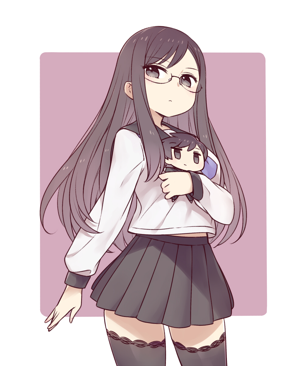 1girl, black_skirt, black_thighhighs, brown_eyes, brown_hair, chan_co, character_doll, commentary_request, cowboy_shot, doll, glasses, highres, holding, holding_doll, juusan_kihei_bouei_ken, kurabe_juro, long_hair, long_sleeves, pleated_skirt, purple_background, sailor_collar, school_uniform, serafuku, skirt, thighhighs, two-tone_background, white_background, yakushiji_megumi
