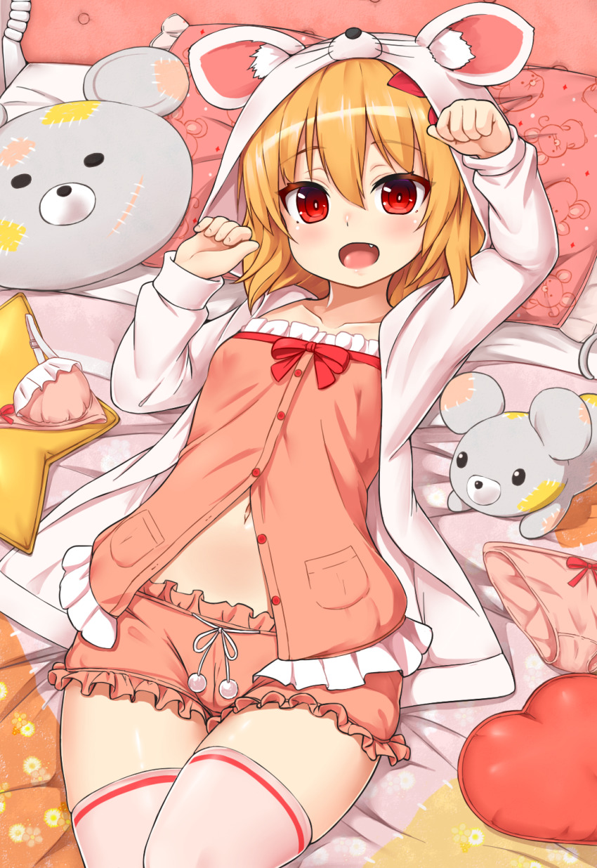 1girl, alternate_costume, animal_hood, blonde_hair, bloomers, bra, breasts, camisole, chiroshiron, collarbone, commentary_request, fang, female_focus, hair_between_eyes, highres, hood, hoodie, indoors, long_sleeves, looking_at_viewer, lying, medium_hair, mouse_(animal), navel, on_back, open_mouth, orange_bloomers, panties, patch, paw_pose, pillow, pink_bra, pink_panties, pink_thighhighs, red_eyes, rumia, small_breasts, smile, solo, stuffed_animal, stuffed_toy, thighhighs, touhou, underwear, unworn_panties, white_hoodie