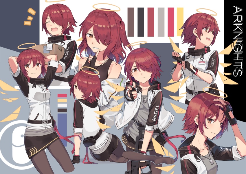 1girl, arknights, arm_support, arms_behind_head, arms_up, bad_id, bad_pixiv_id, bare_shoulders, belt, belt_pouch, black_gloves, black_skirt, box, brown_eyes, brown_pantyhose, cardboard_box, carrying, closed_eyes, commentary_request, copyright_name, dog_tags, exusiai_(arknights), exusiai_(teenage)_(arknights), finger_gun, finger_to_mouth, fingerless_gloves, gloves, grey_shirt, hair_over_one_eye, halo, highres, jacket, kataokasan, looking_at_viewer, looking_back, miniskirt, multiple_views, no_shoes, notice_lines, off_shoulder, open_mouth, pantyhose, parted_lips, pouch, red_hair, shirt, short_hair, sitting, skirt, sleeveless, sleeveless_shirt, smile, white_jacket, wings