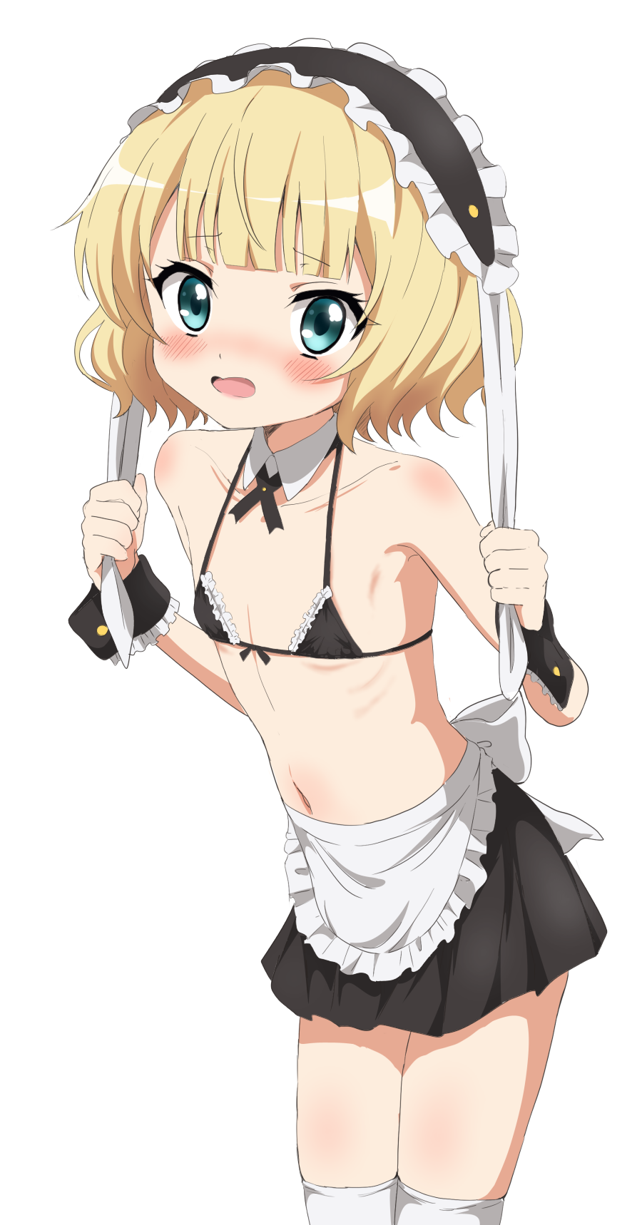 1girl, animal_ears, apron, armpits, bare_shoulders, bikini, black_bikini, black_hairband, black_skirt, blonde_hair, blue_eyes, blush, detached_collar, embarrassed, fake_animal_ears, female_focus, flat_chest, fleur_de_lapin_uniform, frilled_apron, frilled_hairband, frills, gochuumon_wa_usagi_desu_ka?, hairband, hand_on_own_ear, highres, kirima_syaro, looking_at_viewer, maid, maid_bikini, micro_bikini, navel, open_mouth, pleated_skirt, pulling_own_ear, rabbit_ears, ribs, simple_background, sincos, skindentation, skirt, solo, swimsuit, thighhighs, unconventional_maid, vest, waist_apron, waitress, white_apron, white_background, white_thighhighs, wrist_cuffs
