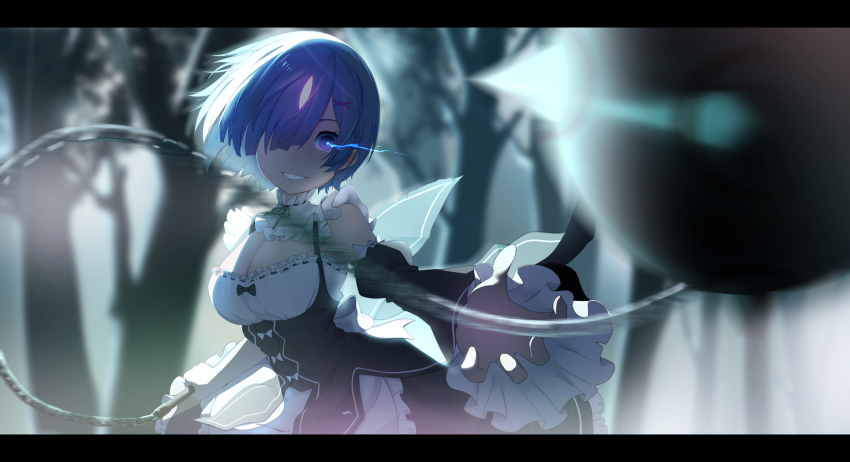1girl, absurdres, ball_and_chain_(weapon), bare_shoulders, black_dress, blue_eyes, blue_hair, breasts