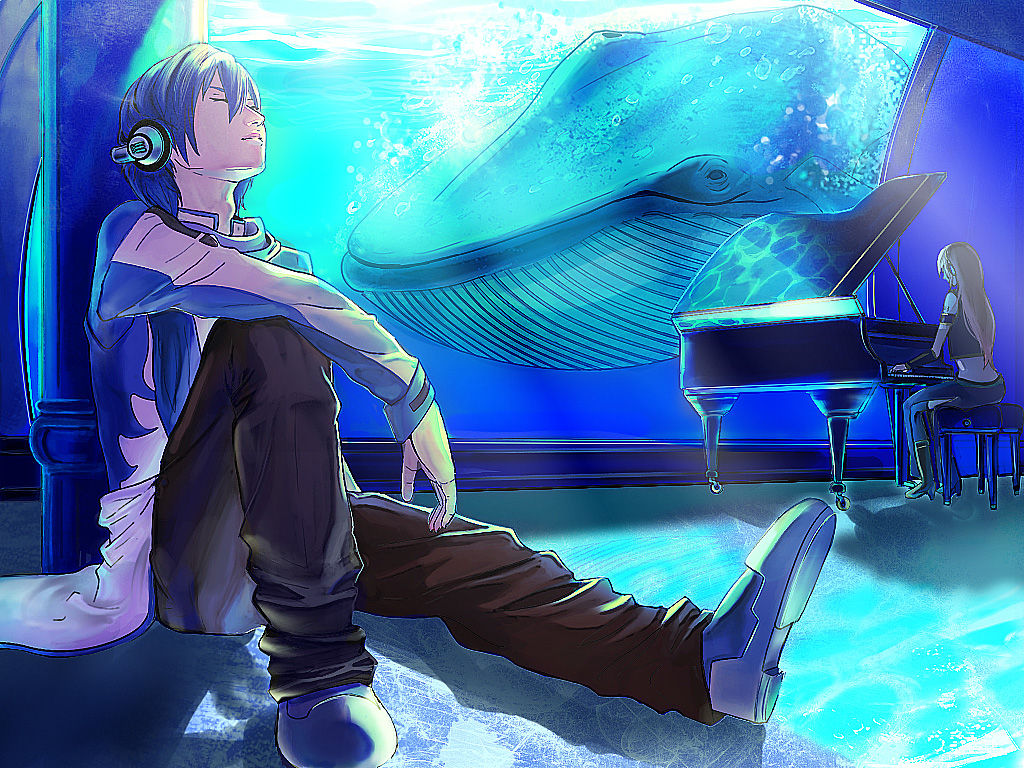 1boy, 1girl, bad_id, bad_pixiv_id, blue_hair, closed_eyes, headphones, instrument