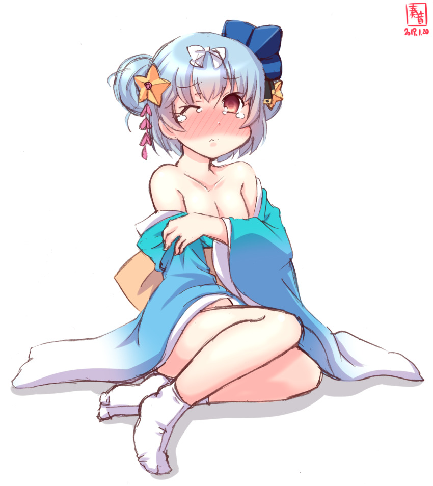 1girl, artist_logo, bare_shoulders, blue_hair, blue_kimono, breasts, cleavage, commentary_request, dated, double_bun, female_focus, full_body, hair_bun, hair_ornament, highres, japanese_clothes, kanon_(kurogane_knights), kantai_collection, kimono, logo, looking_at_viewer, samuel_b._roberts_(kancolle), samuel_b._roberts_(new_year)_(kancolle), short_hair, simple_background, sitting, small_breasts, socks, solo, star_(symbol), star_hair_ornament, tabi, white_background, white_socks, yellow_eyes, yokozuwari