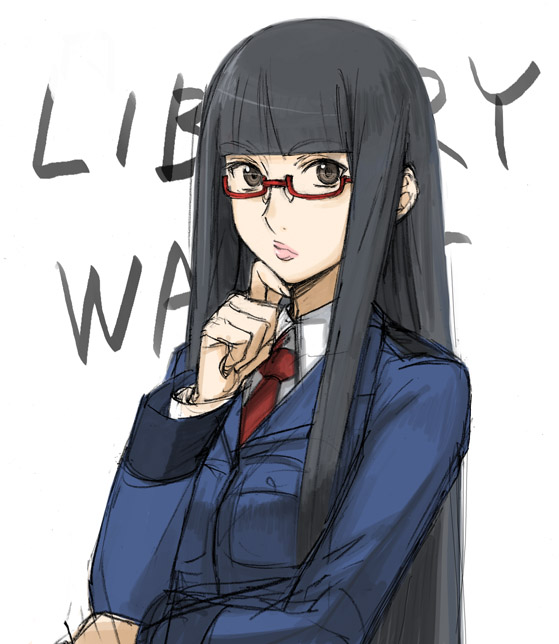 00s, 1girl, black_hair, female_focus, glasses, hime_cut, lipstick, long_hair
