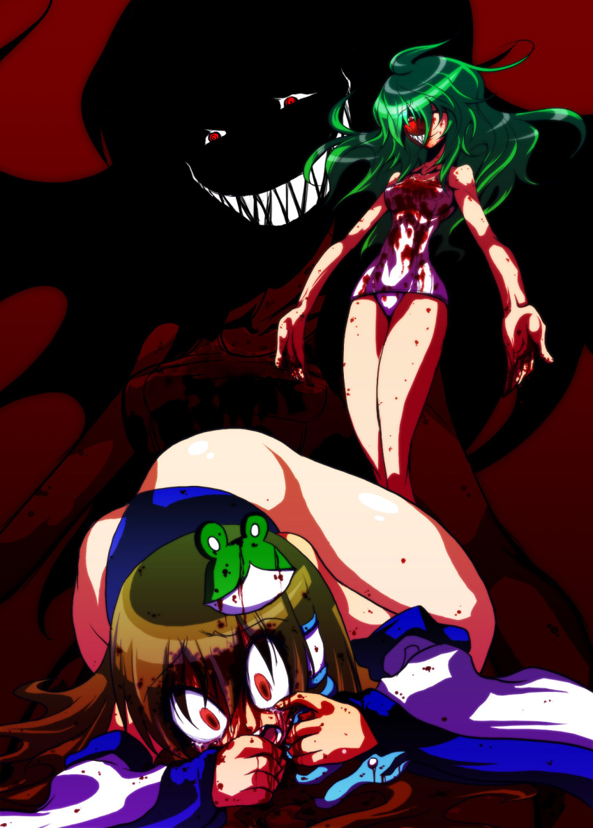 2girls, ass, blood, crazy_eyes, detached_sleeves, evil_grin, evil_smile, female_focus
