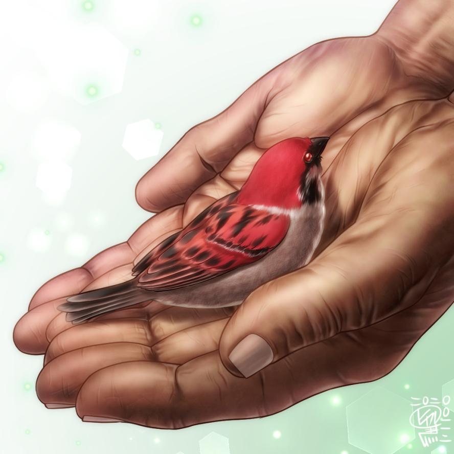 animalization, asebi_hikaru, beni-enma, bird, bird_on_hand, eurasian_tree_sparrow, fate/grand_order, fate_(series), feathers, green_background, in_palm, in_palms, out_of_frame, red_eyes, red_feathers, signature, sparrow