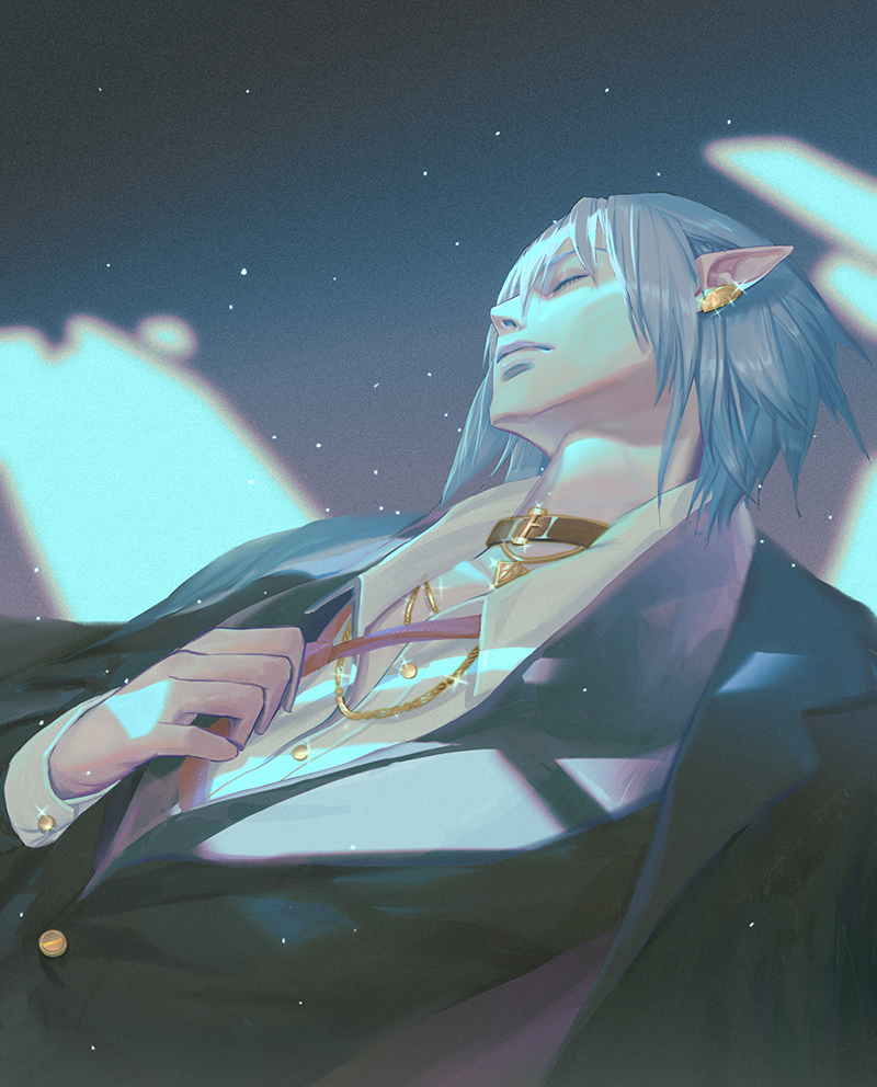 1boy, black_jacket, blazer, buttoned_cuffs, buttons, choker, closed_eyes, closed_mouth