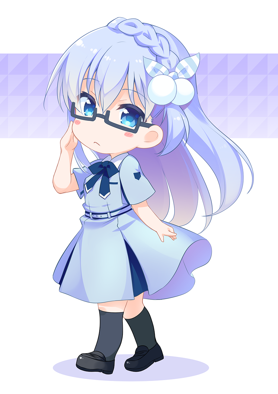1girl, 22/7, black-framed_eyewear, black_socks, blue_bow, blue_bowtie, blue_dress, blue_eyes