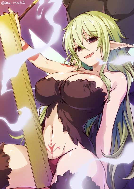 1girl, aloe_(ishuzoku_reviewers), arm_tattoo, blonde_hair, breasts, brown_eyes, covered_erect_nipples, ear_piercing, earrings, fairy, female_focus, hair_between_eyes, holding, holding_smoking_pipe, ishuzoku_reviewers, jewelry, large_breasts, long_hair, muutsuki, nail_polish, navel, panties, piercing, pointy_ears, pubic_tattoo, red_panties, ruler, shoulder_tattoo, sitting, smile, smoke, smoking_pipe, solo, tattoo, thighhighs, underwear, wings