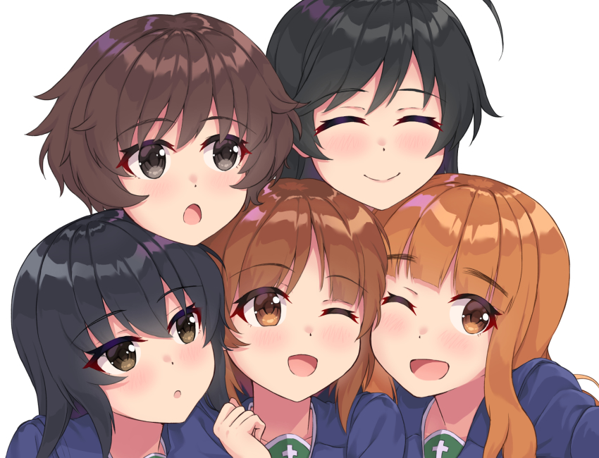 5girls, :o, ;d, ahoge, akiyama_yukari, black_hair, blue_coat, blunt_bangs
