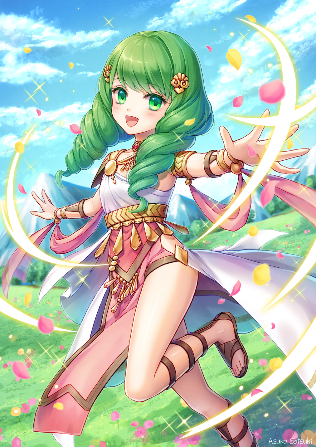 1girl, armlet, artist_name, blue_sky, cannan, cloud, dancer, dancer_(fire_emblem:_three_houses), day, dress, female_focus, fire_emblem, fire_emblem:_three_houses, flayn_(fire_emblem), gladiator_sandals, grass, green_eyes, green_hair, hair_ornament, highres, jewelry, long_hair, mountain, nintendo, open_mouth, outdoors, petals, sandals, sky, solo