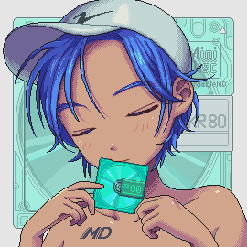 1girl, animated, animated_gif, bare_shoulders, blinking, blue_hair, dark-skinned_female, dark_skin, dithering, female_focus, hat, minidisc, narume, original, pixel_art, red_eyes, short_hair, solo, tomboy, topless_female, white_hat